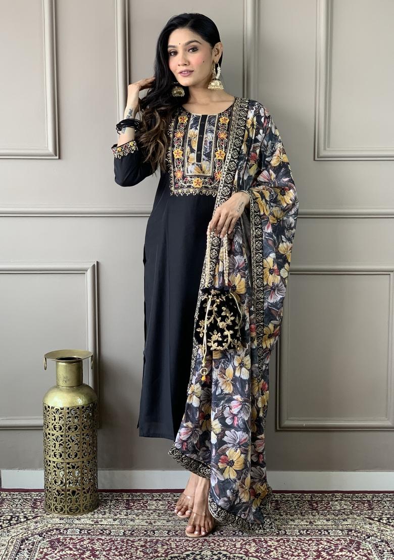 Black Chanderi Silk Embroidered Kurta Set