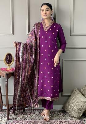 Purple Chanderi Silk Embroidered Kurta Set