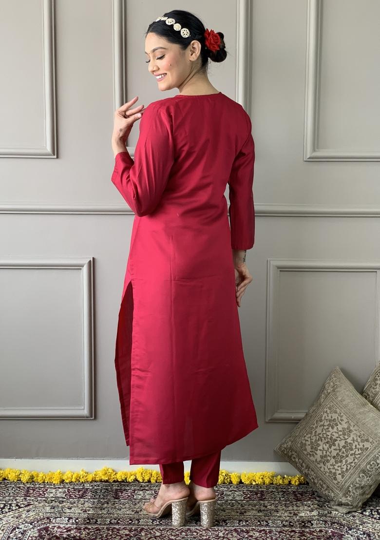 Red Chanderi Silk Embroidered Kurta Set