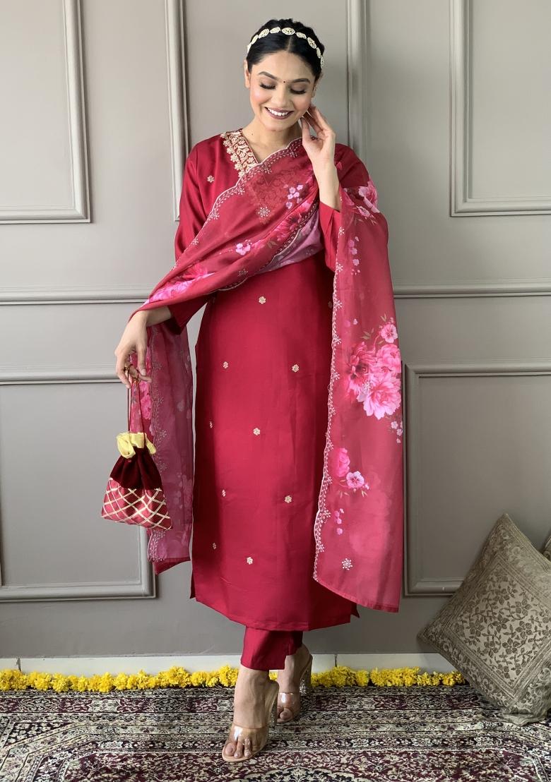 Red Chanderi Silk Embroidered Kurta Set