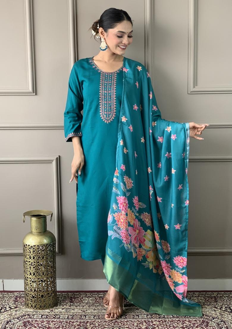 Green Chanderi Cotton Embroidered Kurta Set