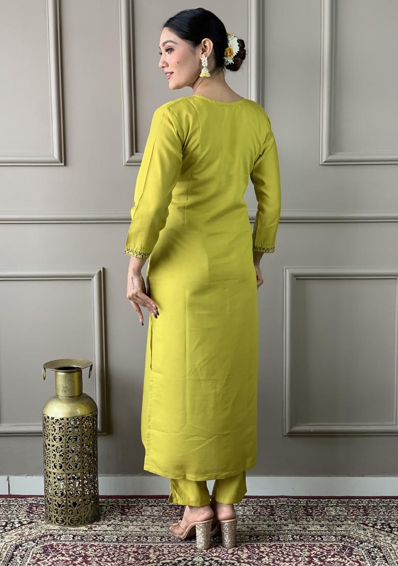 Yellow Chanderi Cotton Embroidered Kurta Set