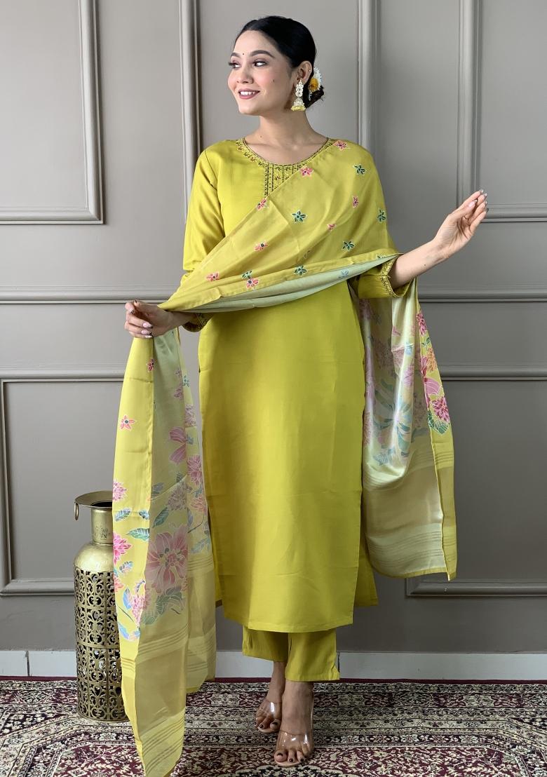 Yellow Chanderi Cotton Embroidered Kurta Set