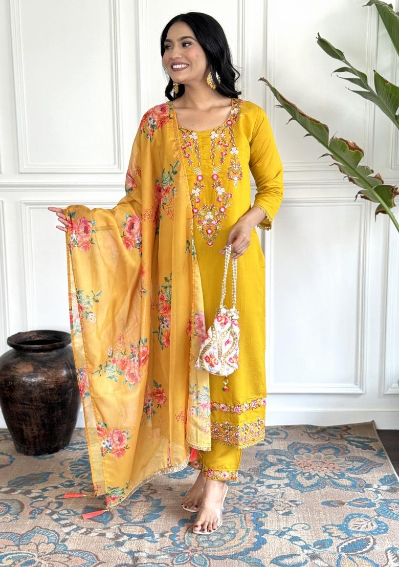 Yellow Chanderi Silk Woven Kurta Set