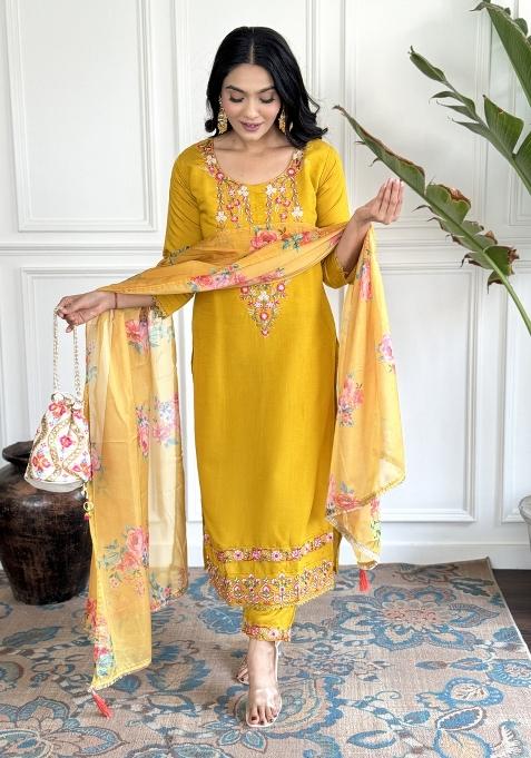 Yellow Chanderi Silk Woven Kurta Set