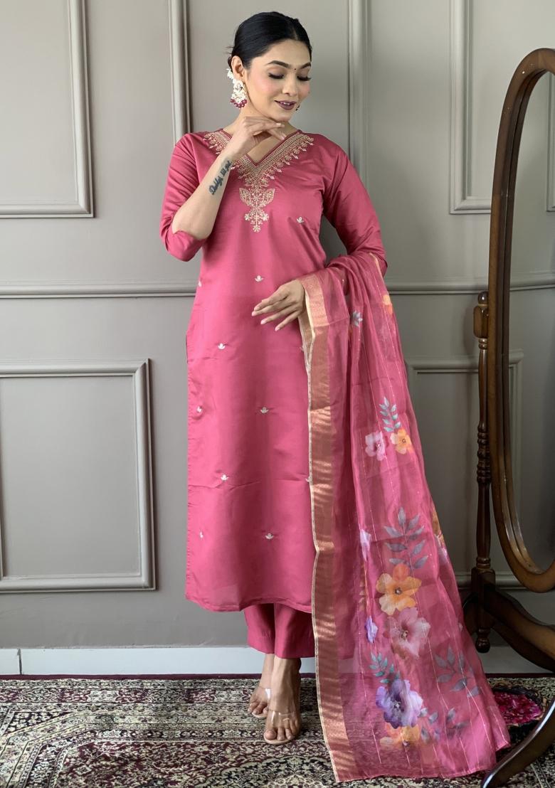 Pink Chanderi Viscose Embroidered Kurta Set