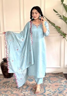 Blue Chanderi Viscose Woven Kurta Set