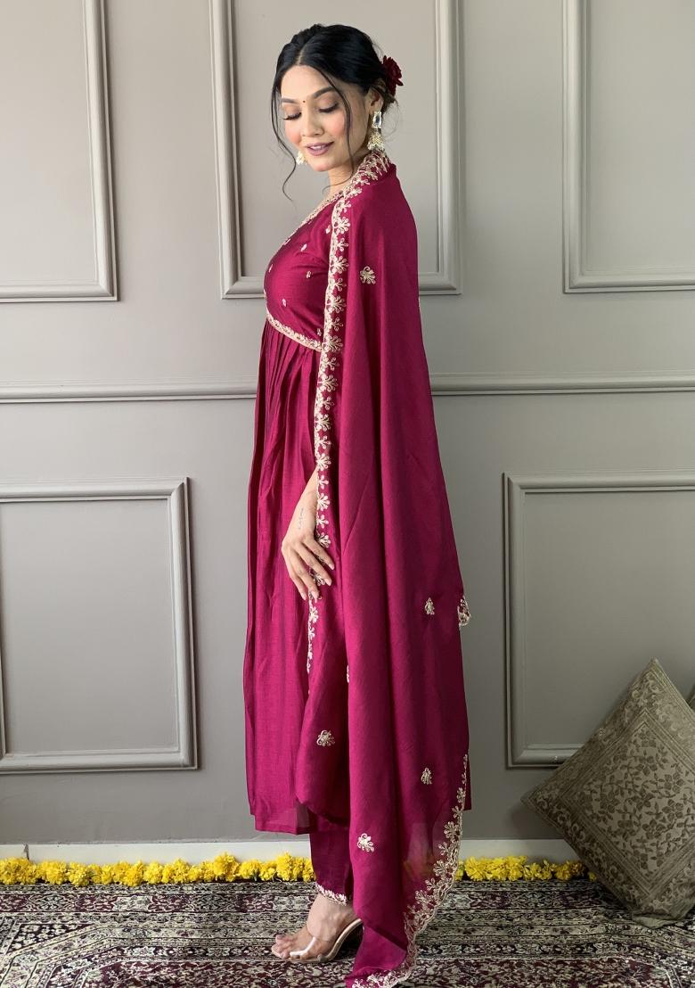 Red Vichitra Silk Embroidered Kurta Set