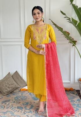 Yellow Chanderi Embroidered Kurta Set