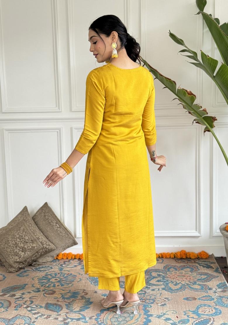 Yellow Chanderi Embroidered Kurta Set
