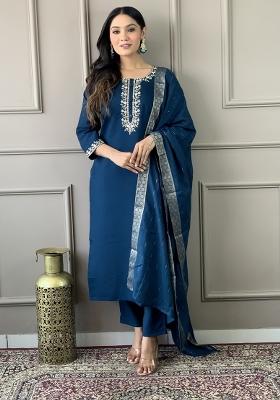 Blue Chanderi Silk Embroidered Kurta Set