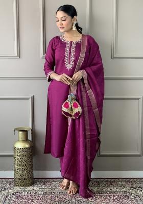 Purple Chanderi Silk Embroidered Kurta Set
