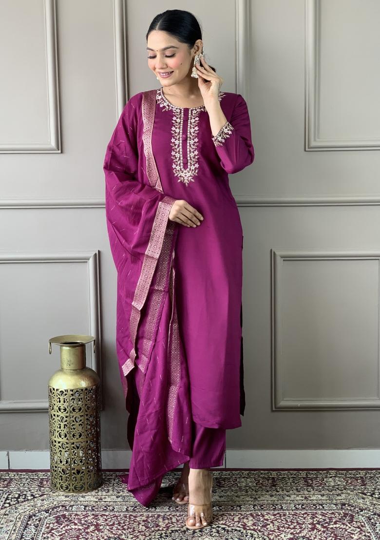 Purple Chanderi Silk Embroidered Kurta Set