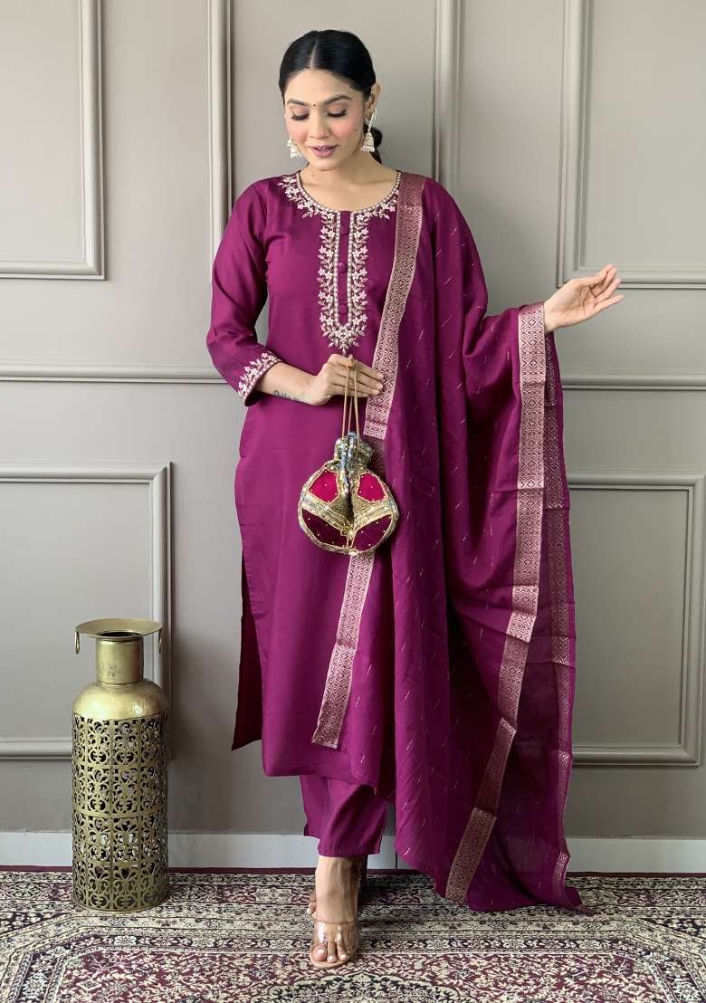 Purple Chanderi Silk Embroidered Kurta Set - Indya