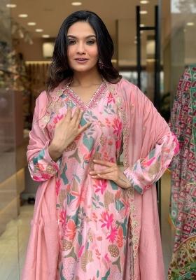 Pink Viscose Printed Kurta Set