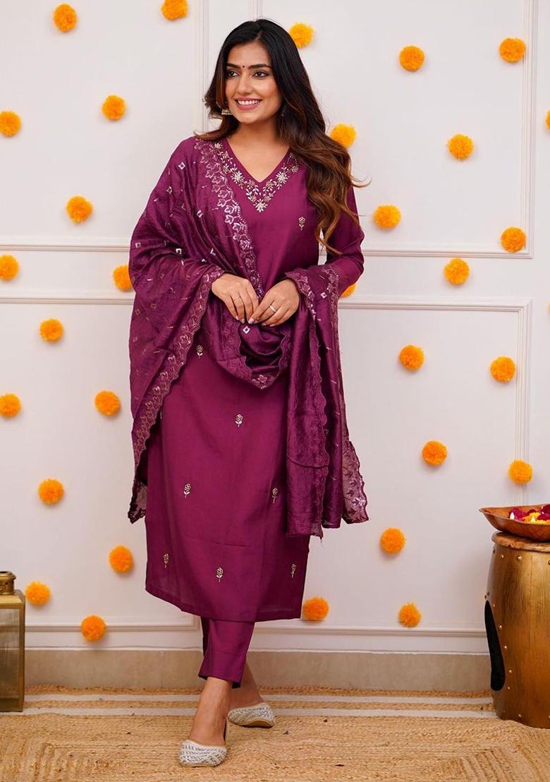 Purple Viscose Embroidered Kurta Set