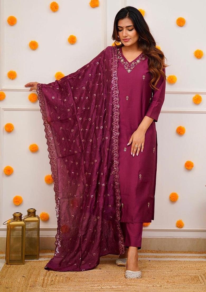 Purple Viscose Embroidered Kurta Set