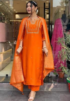 Orange Chanderi Viscose Embroidered Kurta Set