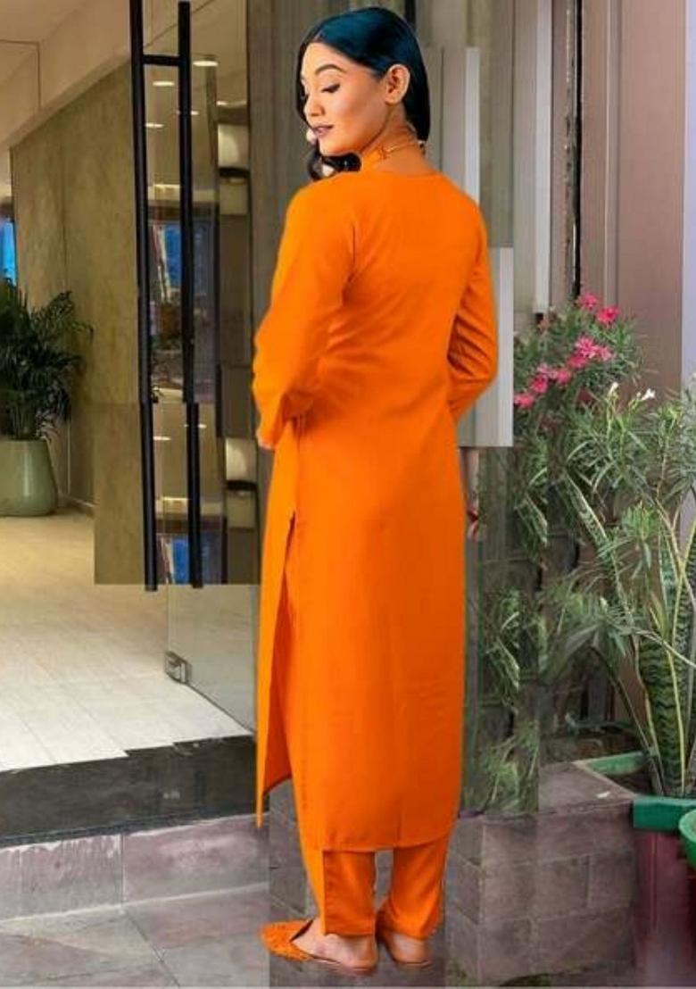 Orange Chanderi Viscose Embroidered Kurta Set