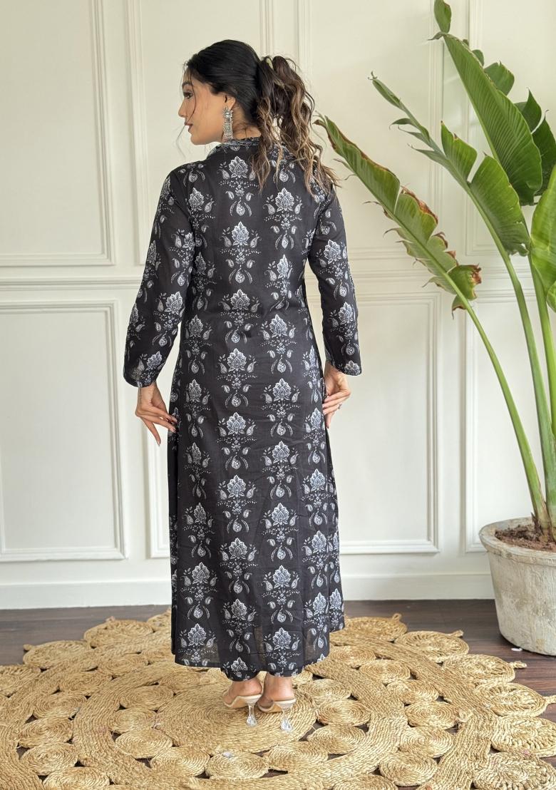 Black Pure Cotton Printed Kurta Set