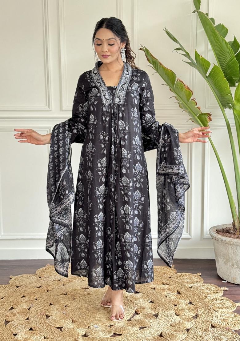 Black Pure Cotton Printed Kurta Set