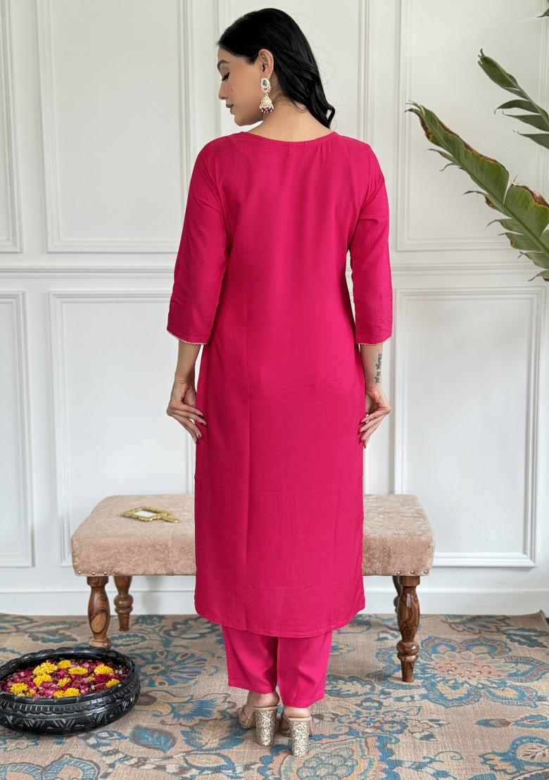 Red Viscose Embroidered Kurta Set