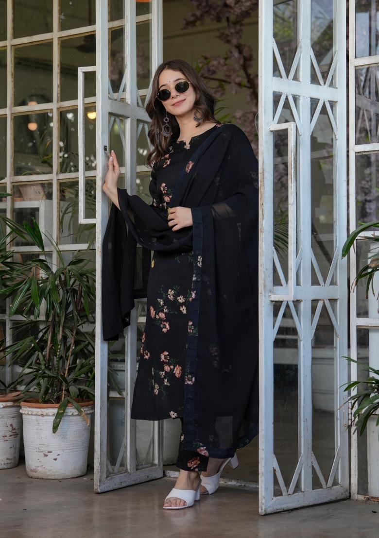 Black Crepe Printed Kurta Set