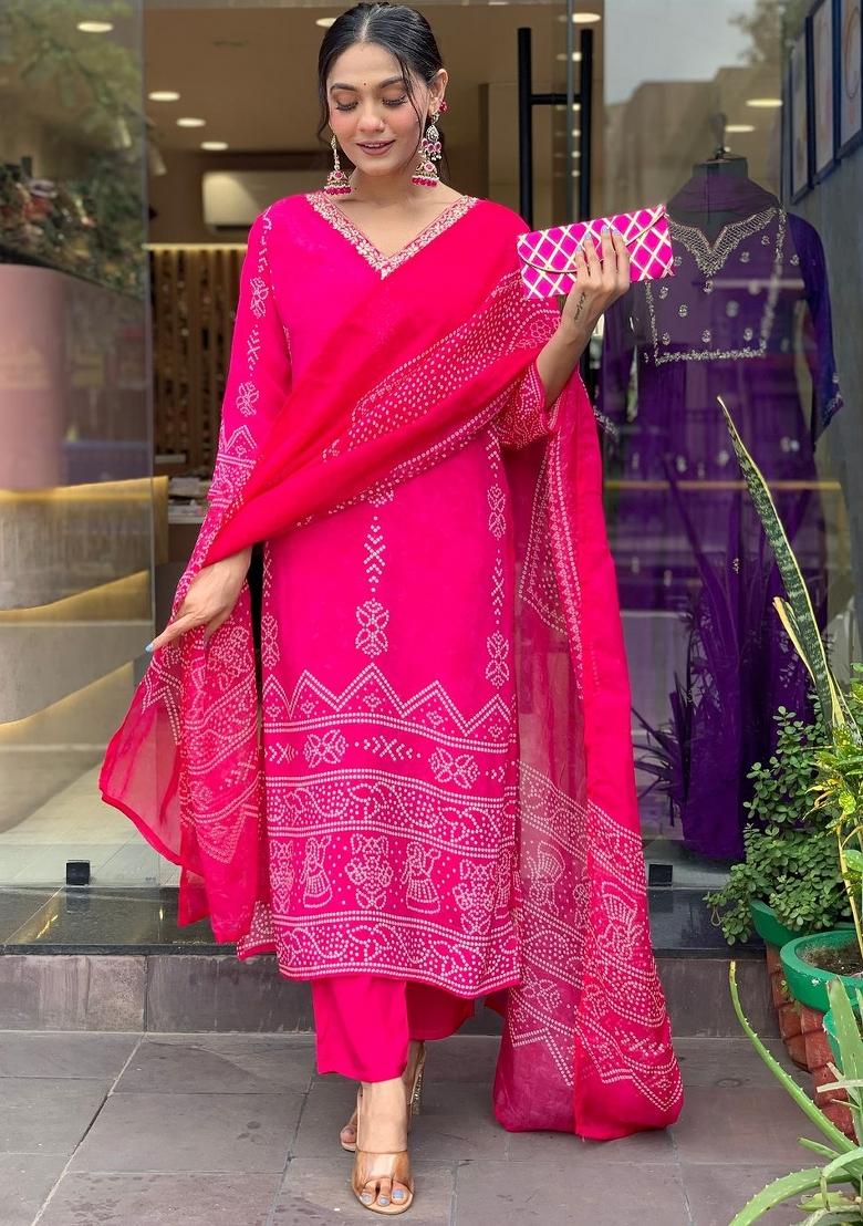 Pink Silk Blend Printed Kurta Set