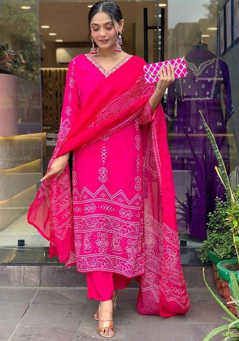 Pink Silk Blend Printed Kurta Set