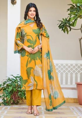 Yellow Organza Printed Kurta Set