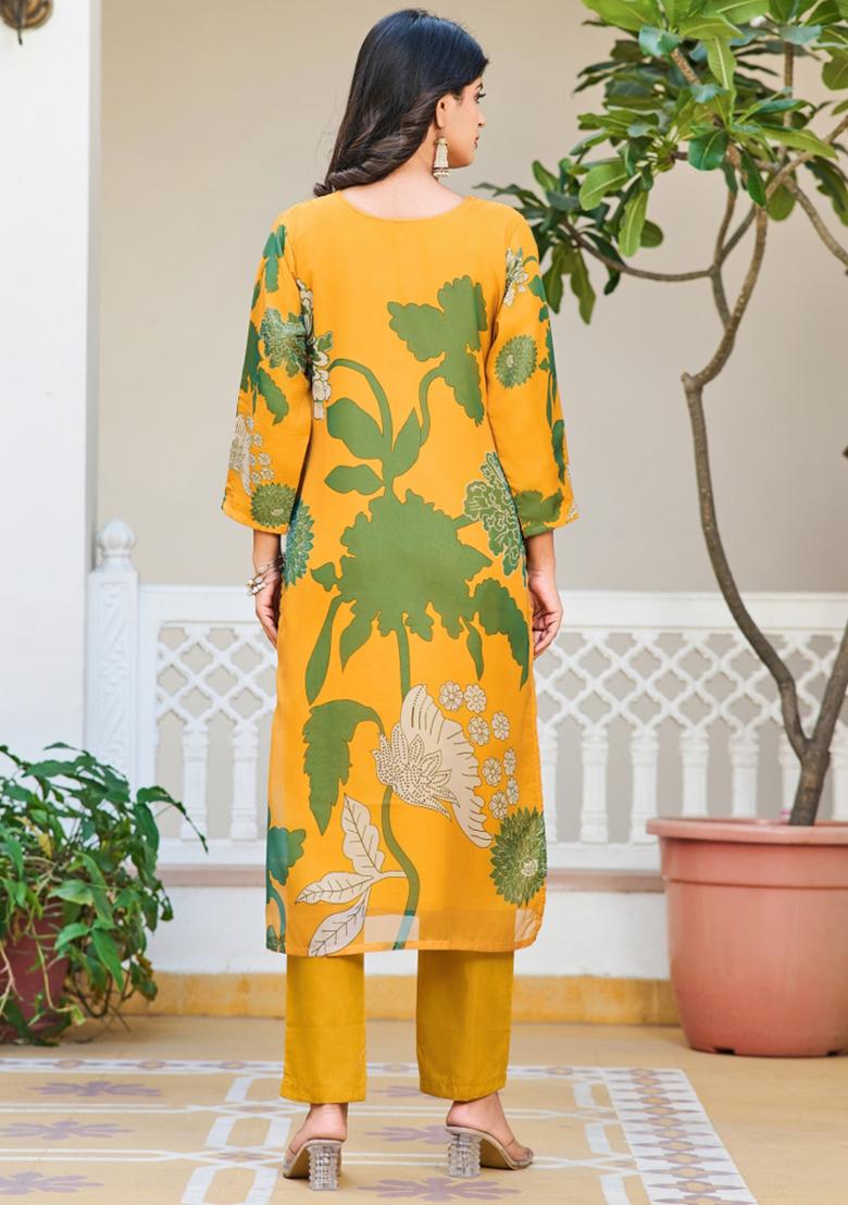 Yellow Organza Printed Kurta Set