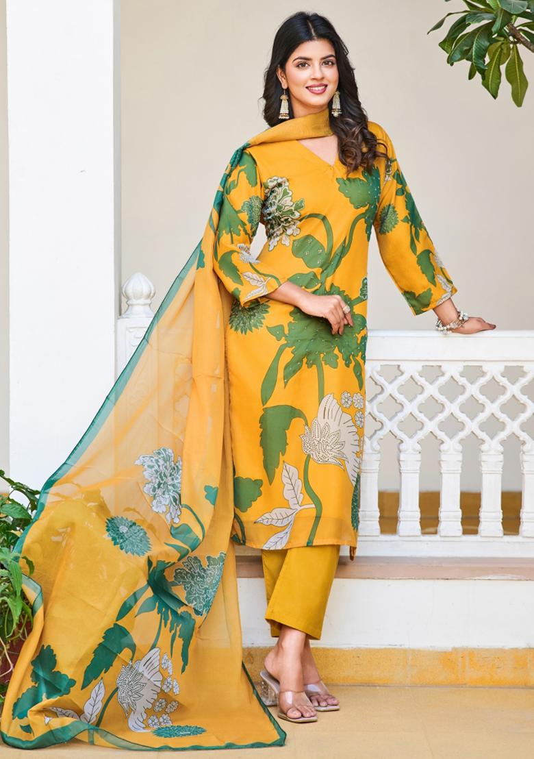 Yellow Organza Printed Kurta Set