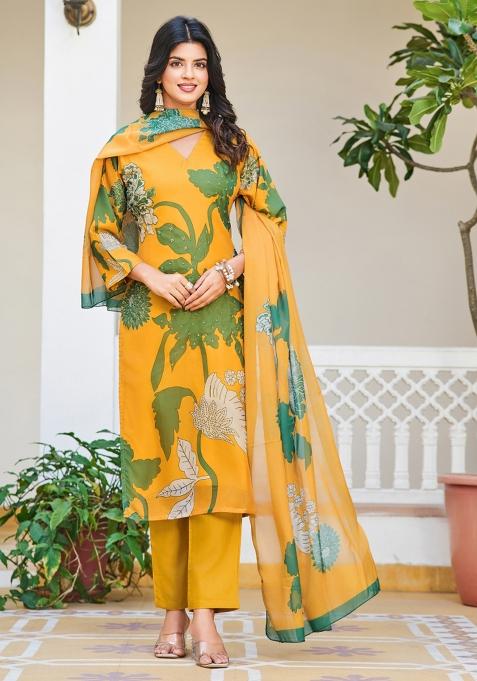 Yellow Organza Printed Kurta Set