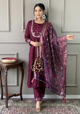 Wine Chanderi Viscose Embroidered Kurta Set