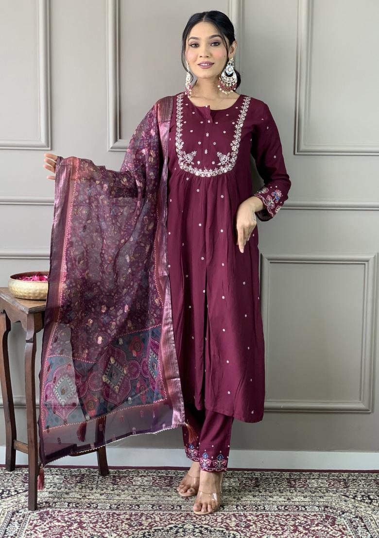 Wine Chanderi Viscose Embroidered Kurta Set