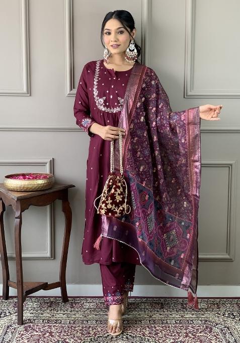 Wine Chanderi Viscose Embroidered Kurta Set
