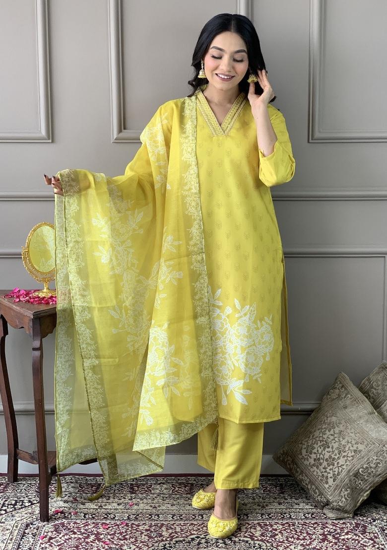 Yellow Rayon Embroidered Kurta Set