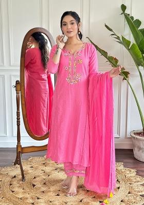 Pink Viscose Thread Work Kurta Set