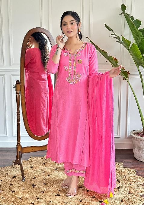 Pink Viscose Thread Work Kurta Set