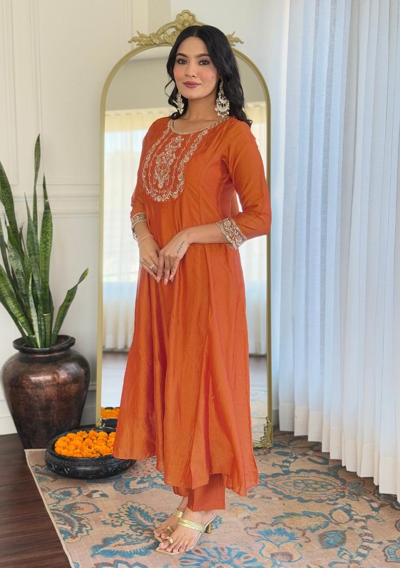 Orange Vichitra Silk Embroidered Kurta Set