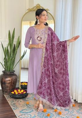 Purple Viscose Embroidered Kurta Set