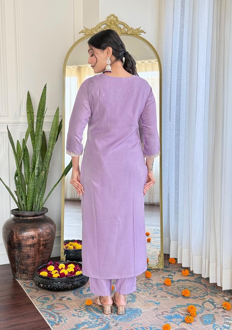 Purple Viscose Embroidered Kurta Set