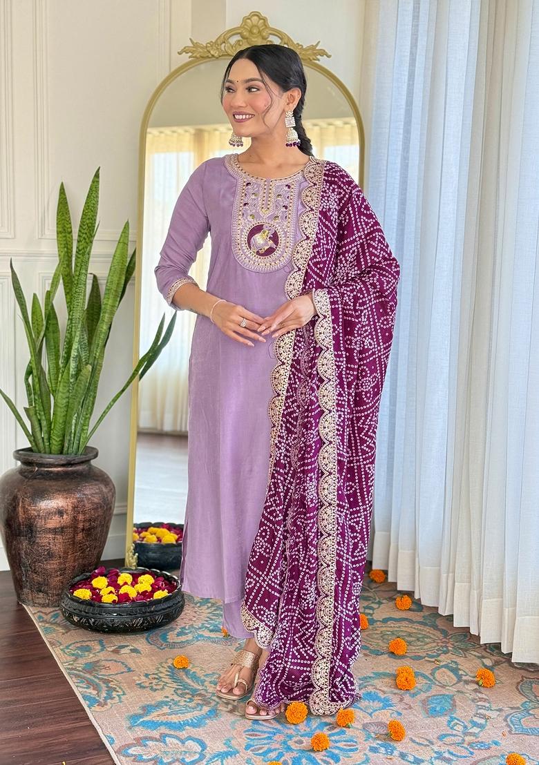 Purple Viscose Embroidered Kurta Set