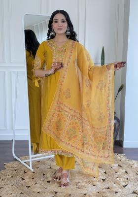 Yellow Viscose Thread Work Kurta Set
