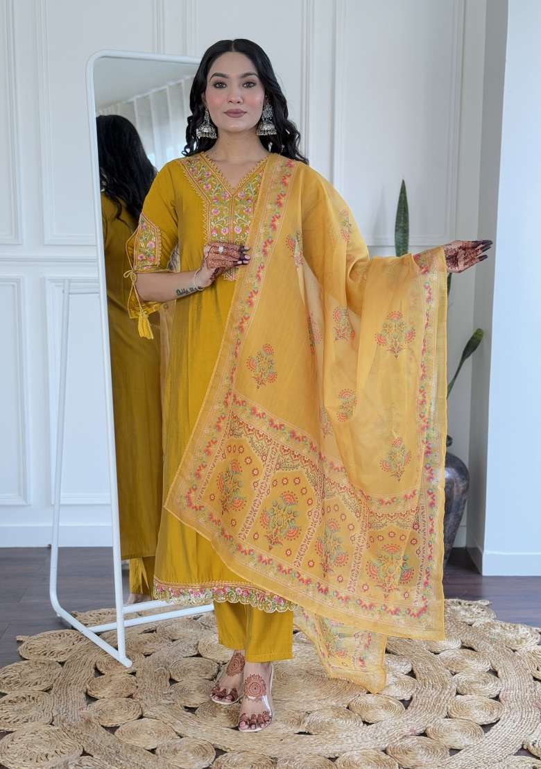 Yellow Viscose Thread Work Kurta Set - Indya