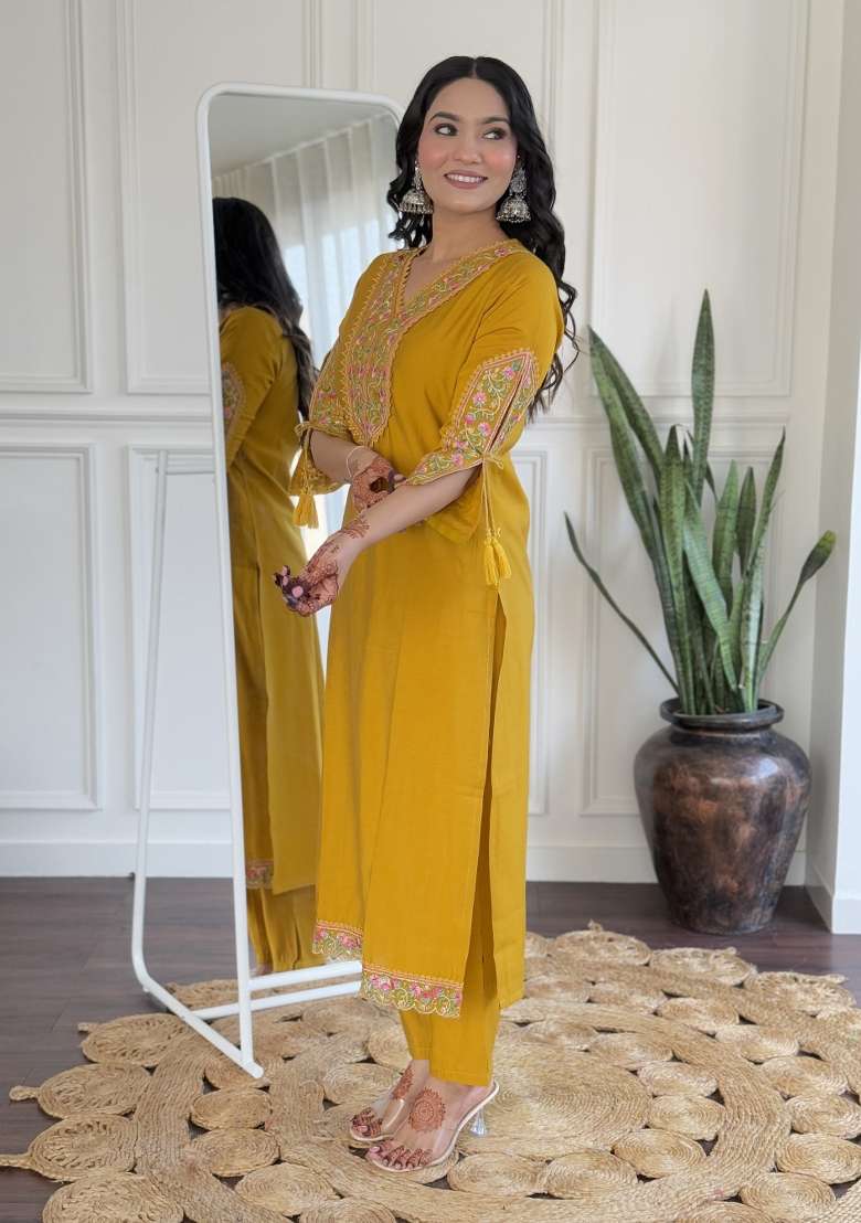 Yellow Viscose Thread Work Kurta Set - Indya