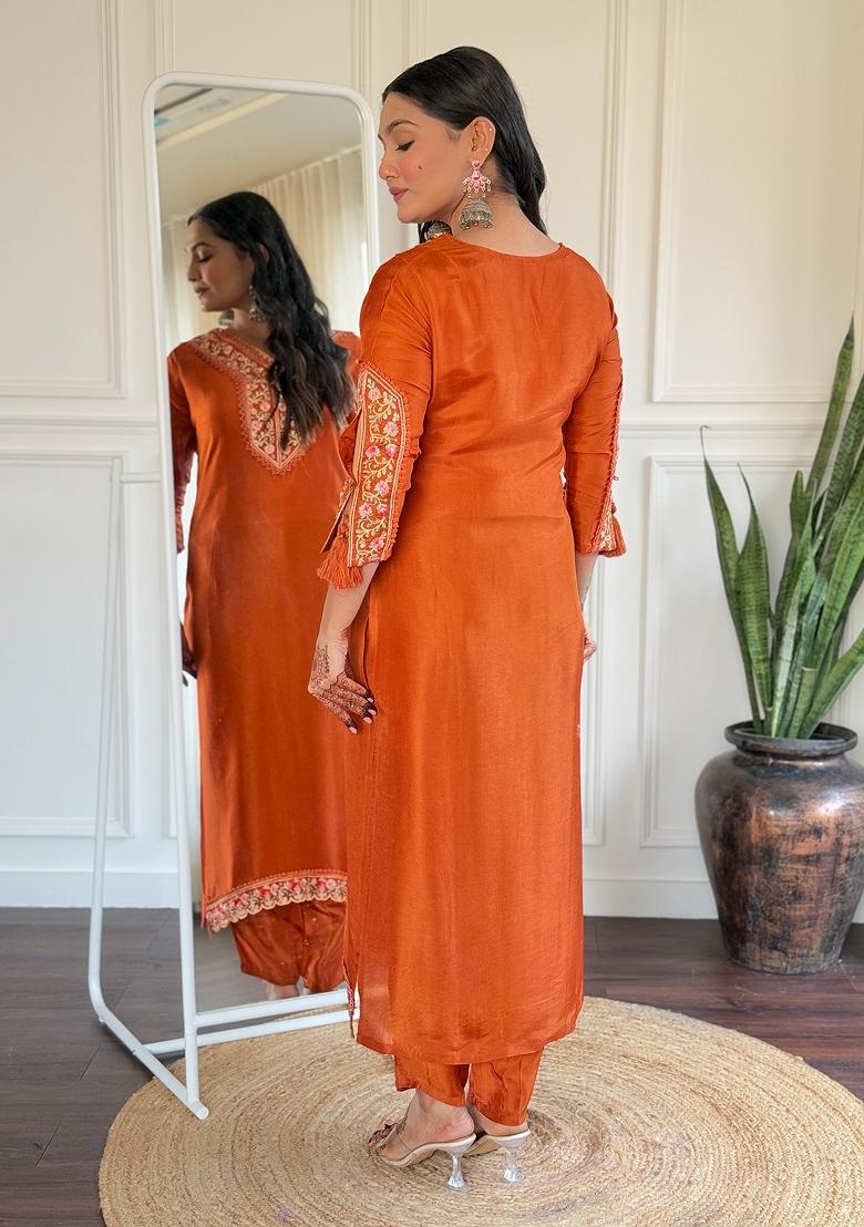 Orange Viscose Thread Work Kurta Set