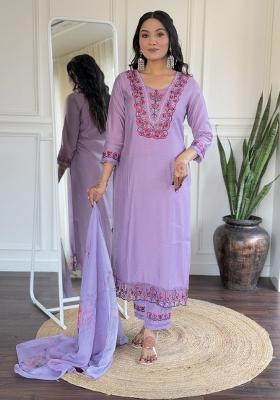 Purple Viscose Thread Work Kurta Set