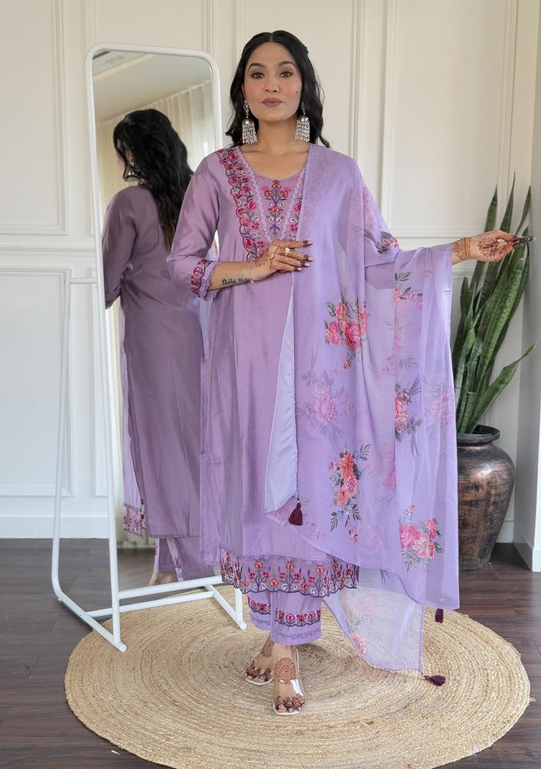 Purple Viscose Thread Work Kurta Set
