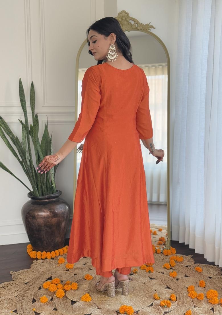 Orange Vichitra Silk Embroidered Kurta Set